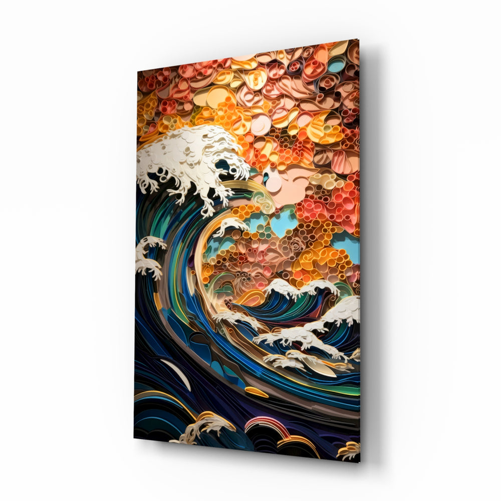 Waves, Trees or Mountains glass wall art displayed above a sectional in a living room with bold palette