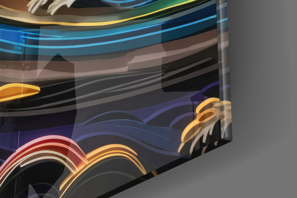 Wave-muse artwork anchoring a wall with cobalt-and-scarlet palette