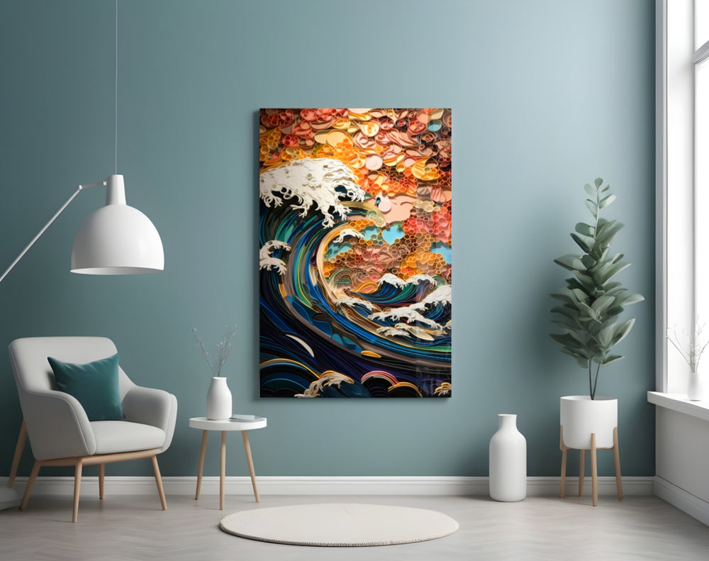 Waves, Trees or Mountains glass wall art styled above a console in a gallery wall