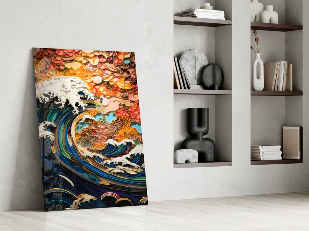 Waves, Trees or Mountains glass print enhancing a den with nature-forward palette