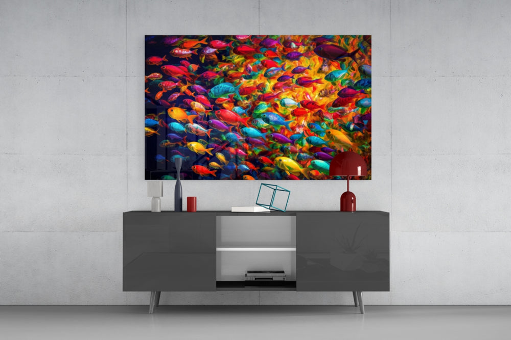 Fish World panel catching lamp light to reveal its painterly motion