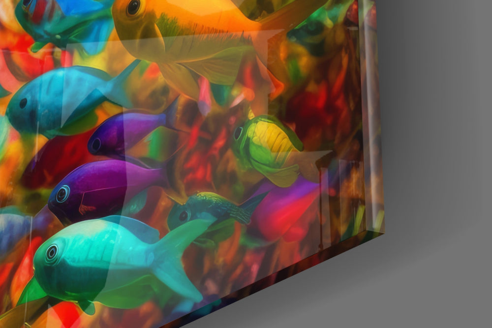 Aquatic-muse artwork anchoring a wall with scarlet-and-cobalt palette