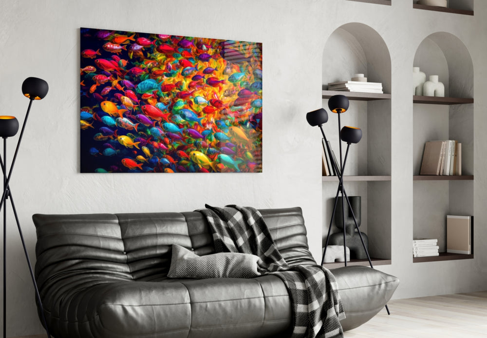 Fish World glass wall art styled above a console in a hallway