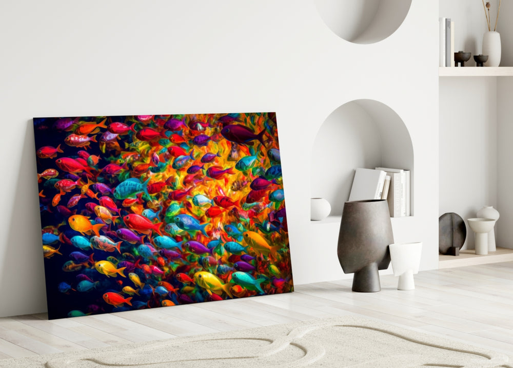 Fish World close-up showing scarlet, cobalt and emerald fish around amber whirlpool