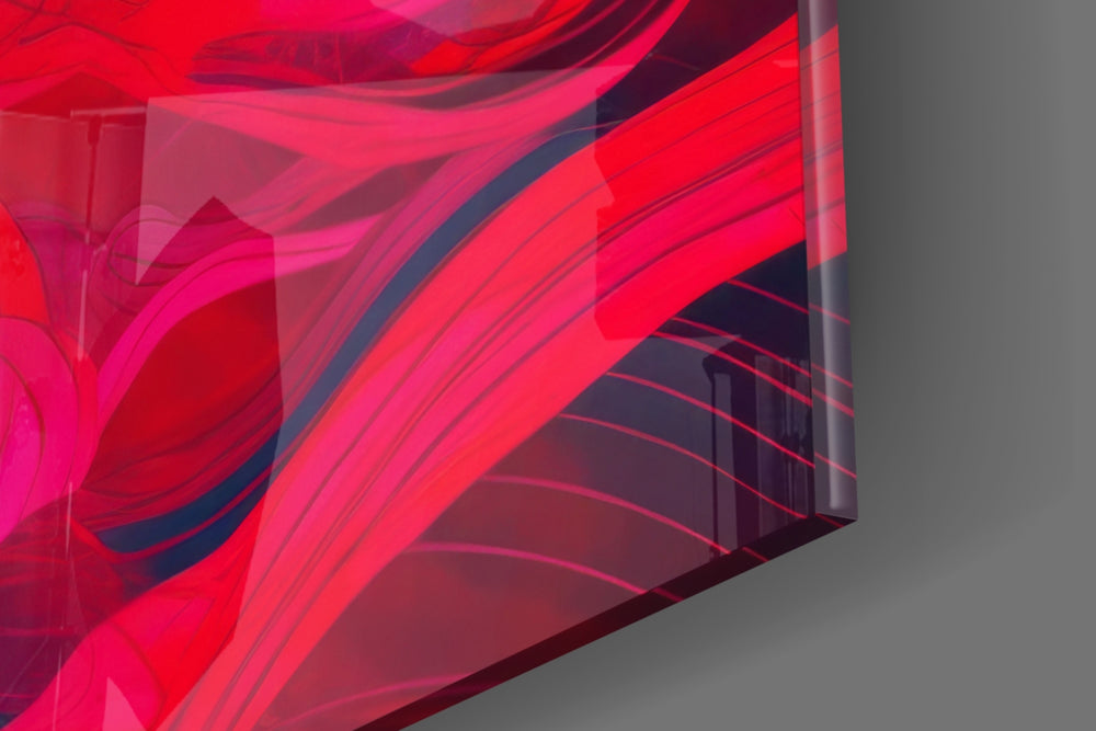 Flame-haired-muse artwork anchoring a wall with crimson-and-cyan palette