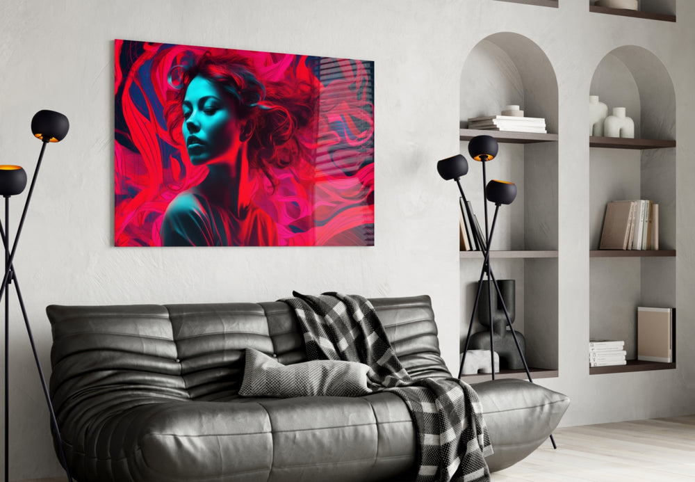 Red Feelings glass wall art styled above a velvet bench in a powder room