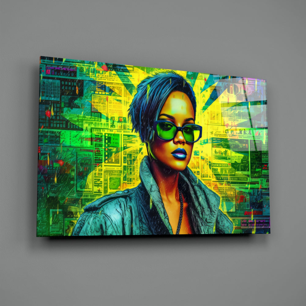Pop-collage panel bringing painterly pulse to a contemporary lounge