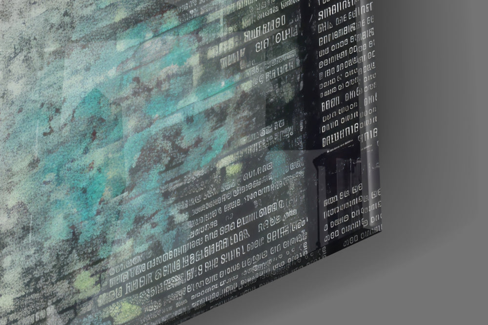Rain-muse artwork anchoring a wall with teal-and-graphite palette