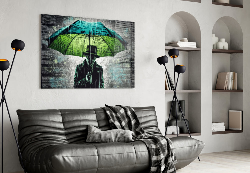 Rain of Answers glass wall art styled above a console in a hallway