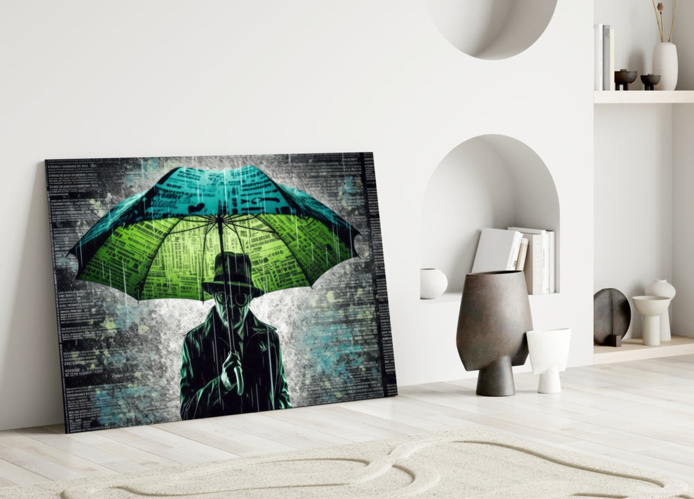 Rain of Answers close-up showing teal umbrella and newsprint wall