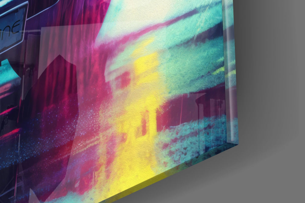 Chrome-muse artwork anchoring a wall with cyan-and-magenta palette