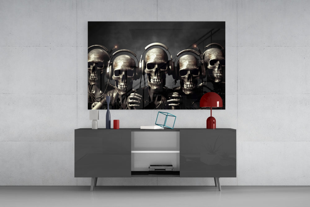 Skull Party panel catching lamp light to reveal its painterly menace