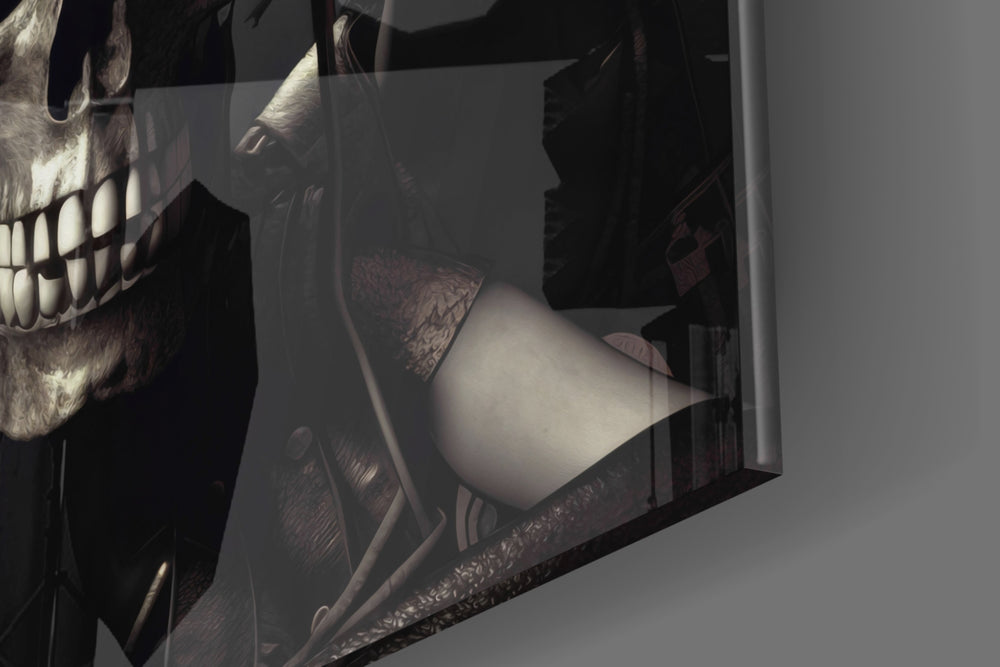 Skeletal-muse artwork anchoring a wall with ivory-and-graphite palette