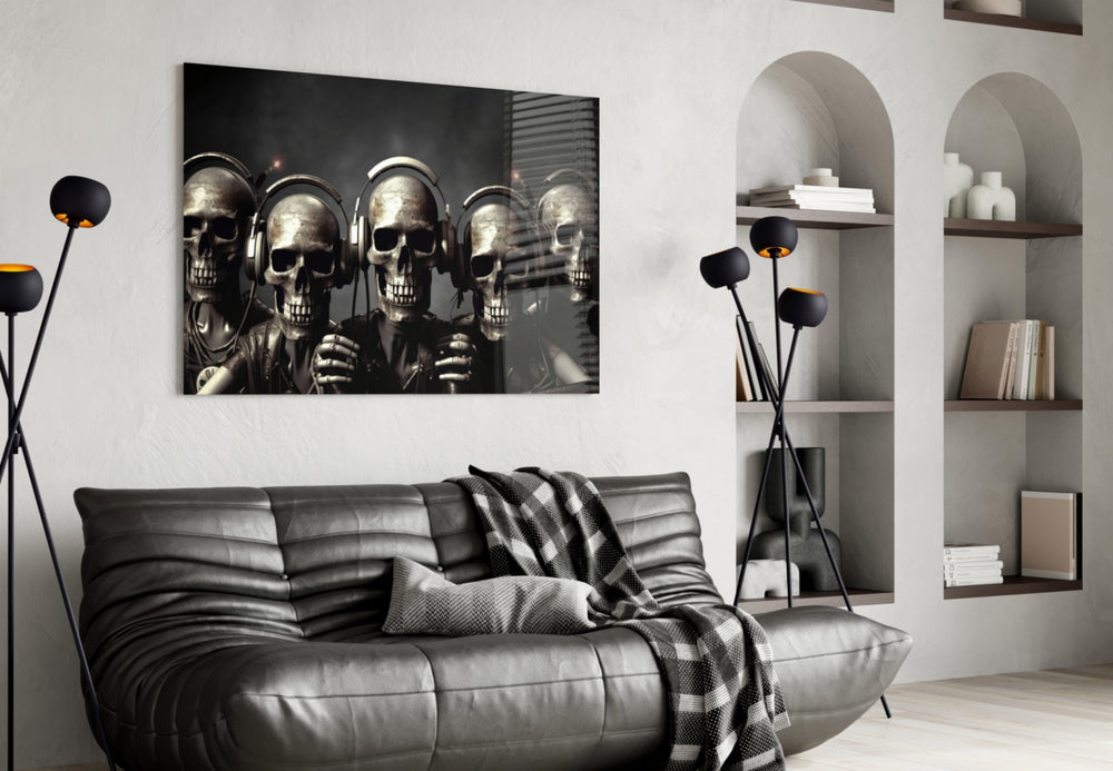 Skull Party glass wall art styled above a sideboard in a music room