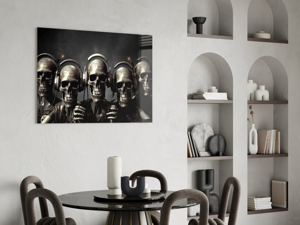 Skull Party panel adding statement intensity to a hallway