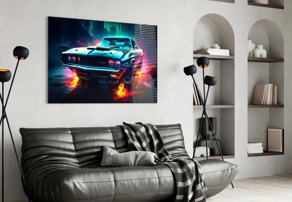 1970 Dodge Challenger glass wall art styled above a sideboard in a garage office