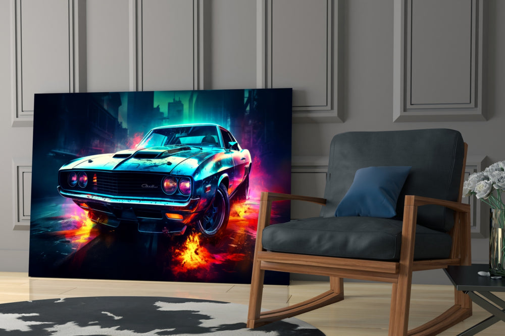 1970 Dodge Challenger glass print enhancing a den with retro-modern palette