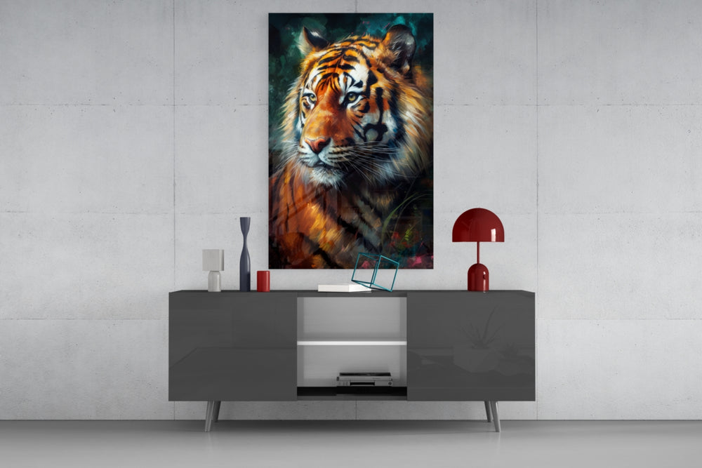 Tiger panel catching lamp light to reveal its painterly weight