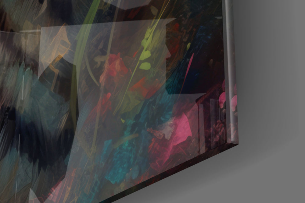 Striped-muse artwork anchoring a wall with amber-and-emerald palette