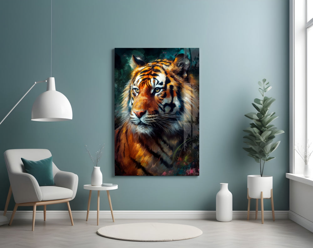Tiger glass wall art styled above a console in a hallway