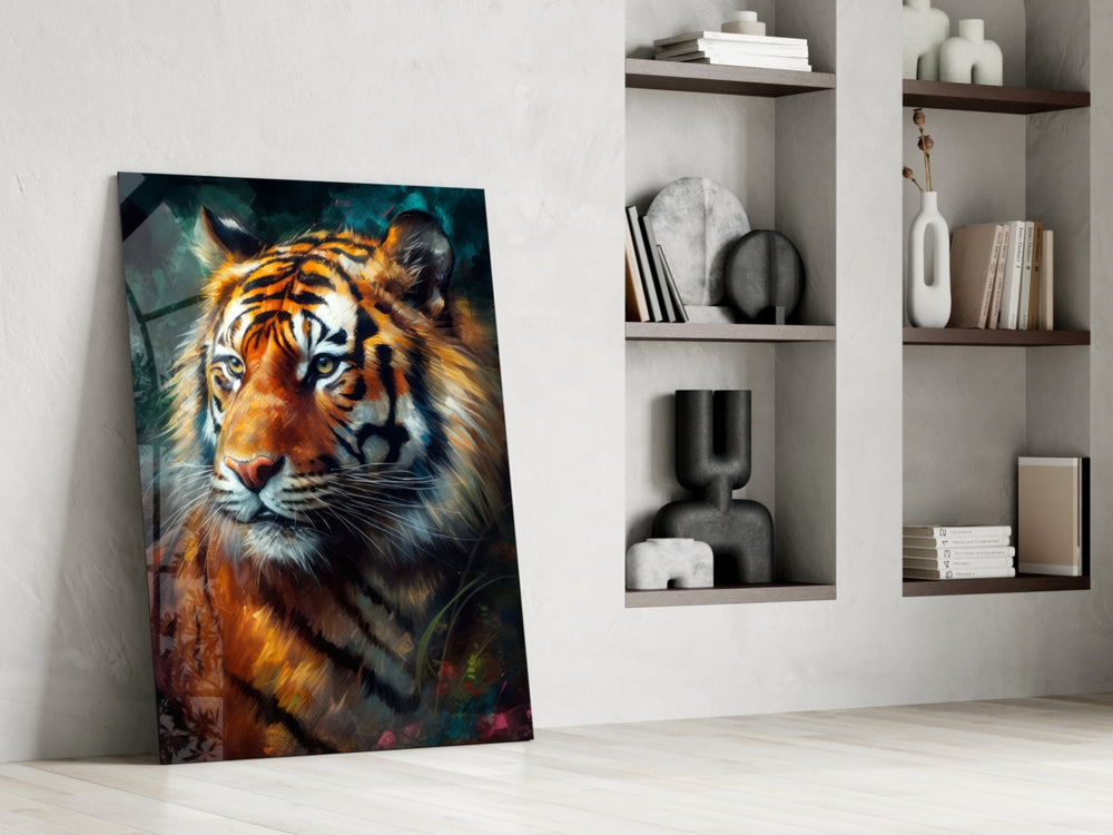 Tiger glass print enhancing a den with wildlife-forward palette