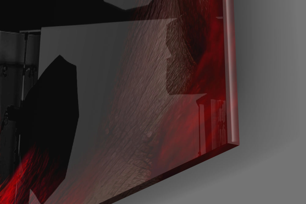 Contemplative-muse artwork anchoring a wall with scarlet-and-onyx palette