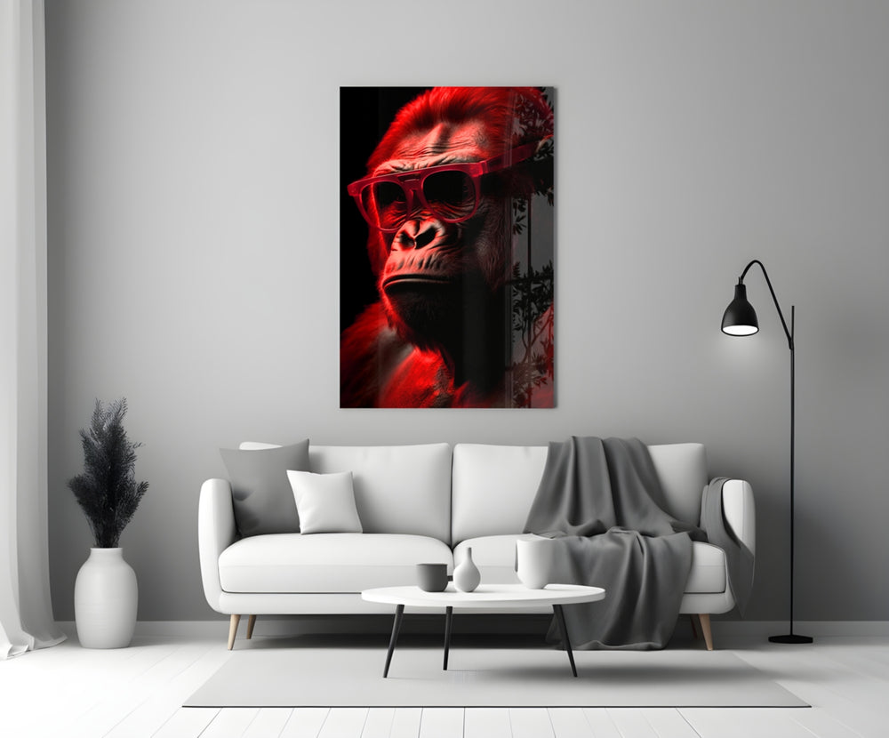 Ape the Thinker close-up showing red wayfarer sunglasses and scarlet rim light