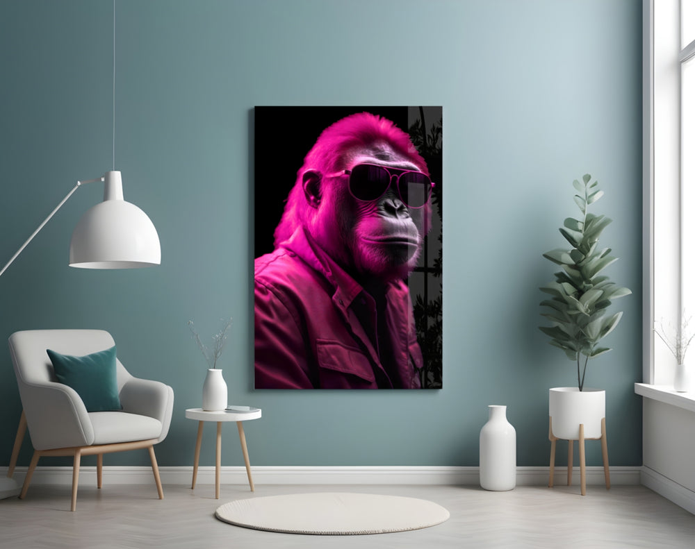 Ape the Cool glass wall art styled above a sideboard in a media room