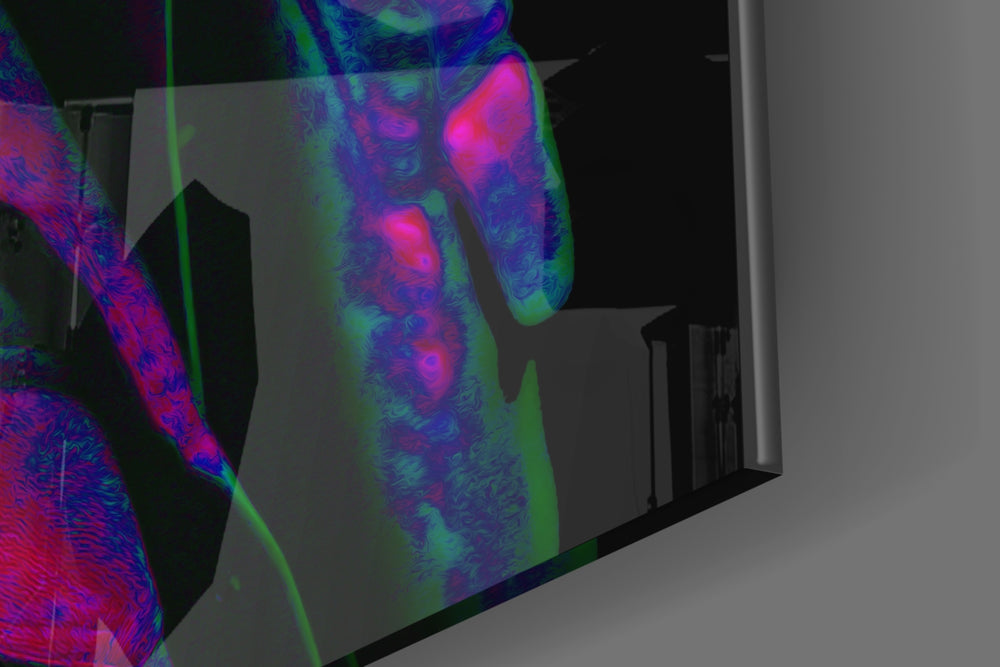 Dichro-muse artwork anchoring a wall with green-and-magenta palette