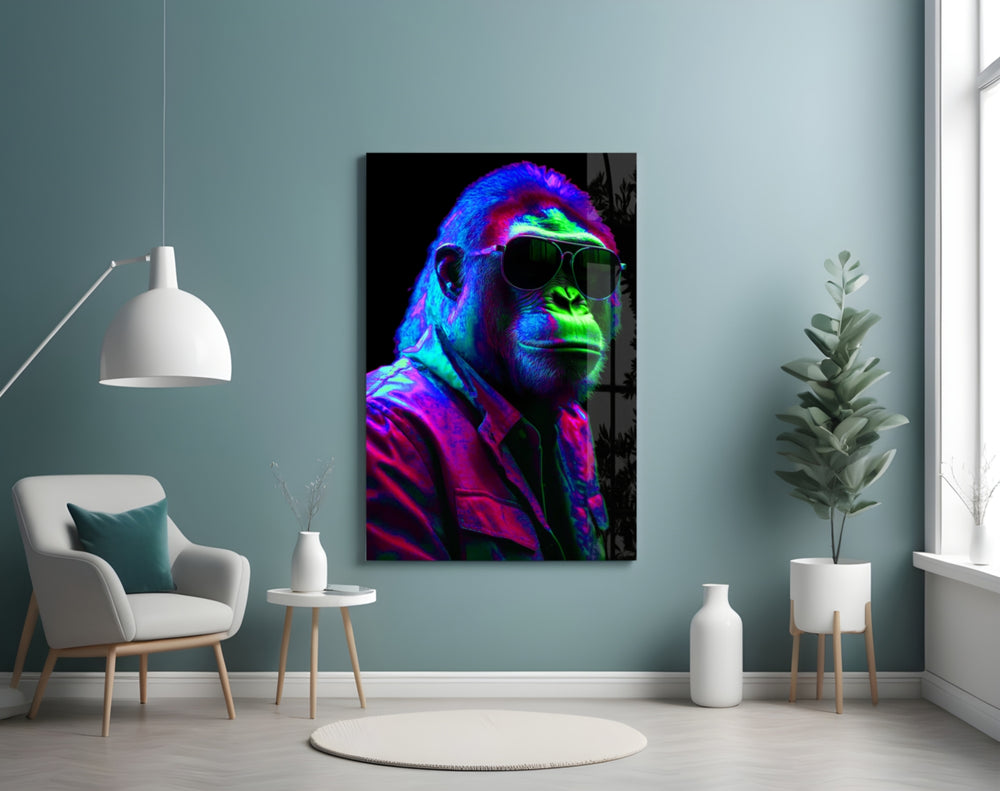 Ape the Cool glass wall art styled above a sideboard in a man cave