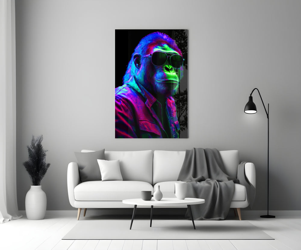 Ape the Cool close-up showing dichro green-and-magenta rim light and aviators