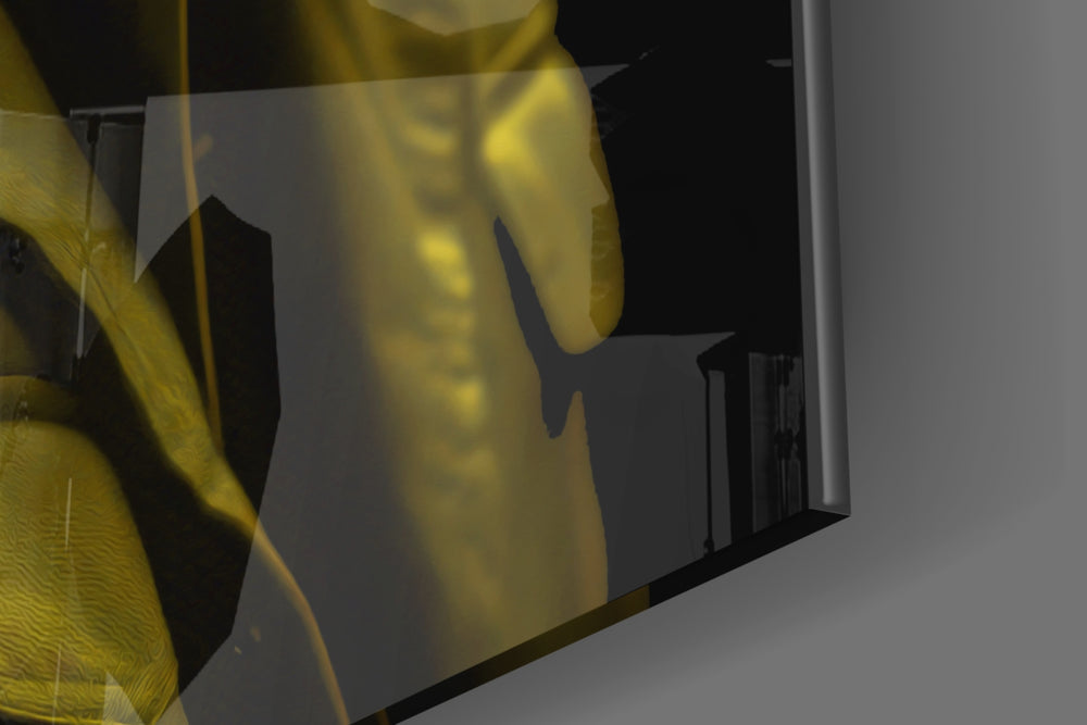 Citrus-muse artwork anchoring a wall with canary-and-onyx palette