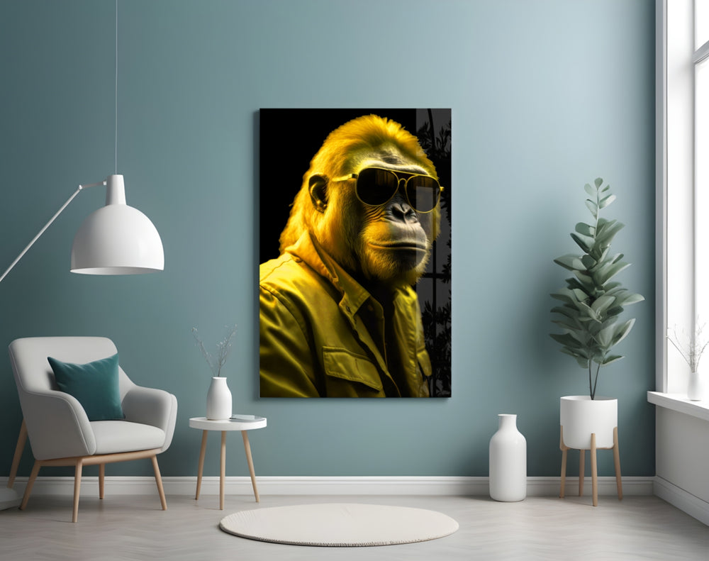 Ape the Cool glass wall art styled above a sideboard in a man cave