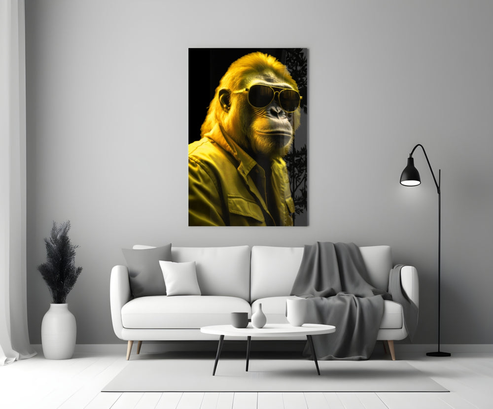 Ape the Cool close-up showing canary aviator sunglasses and citrus rim light