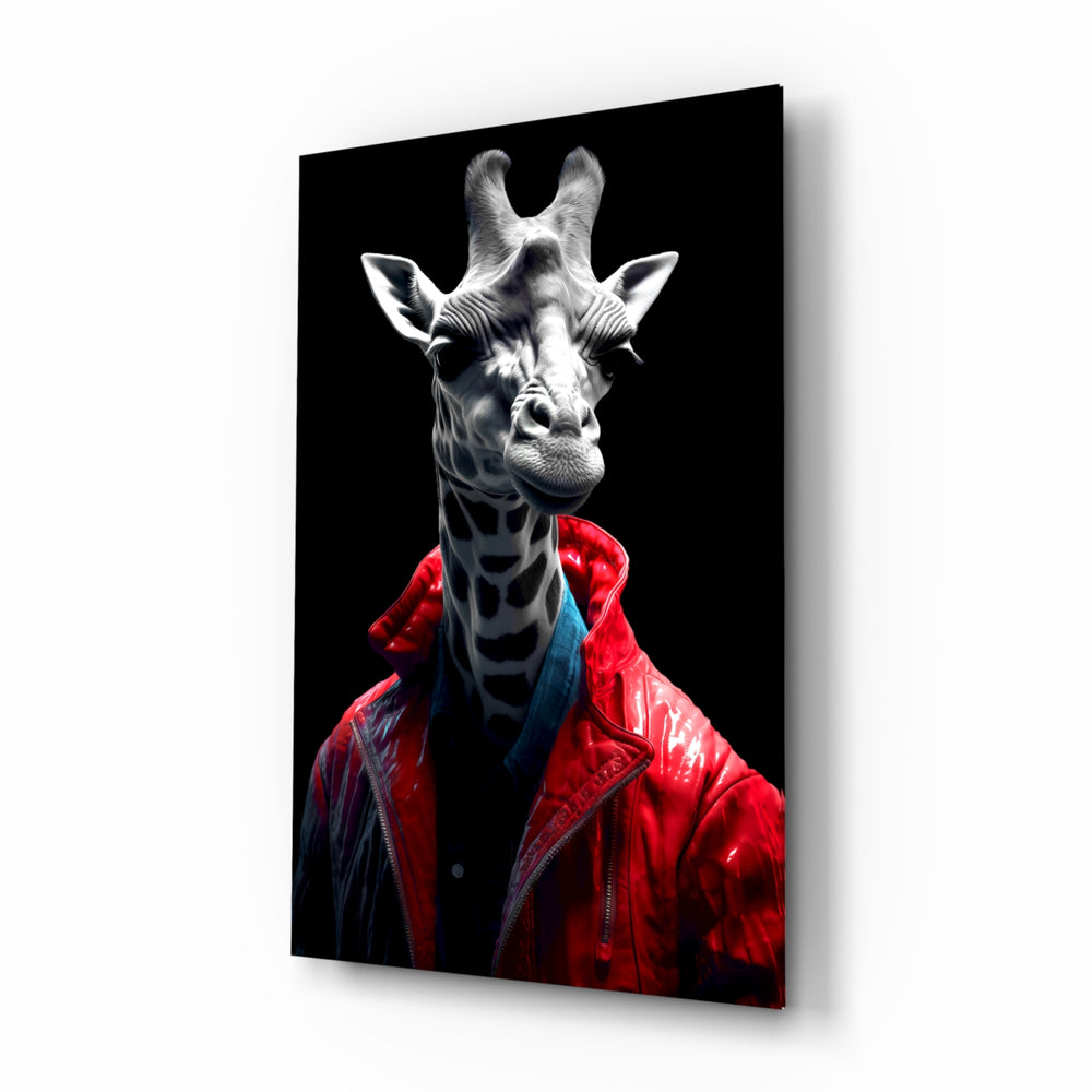 Stylish Giraffe glass wall art displayed above a vanity in a contemporary dressing room