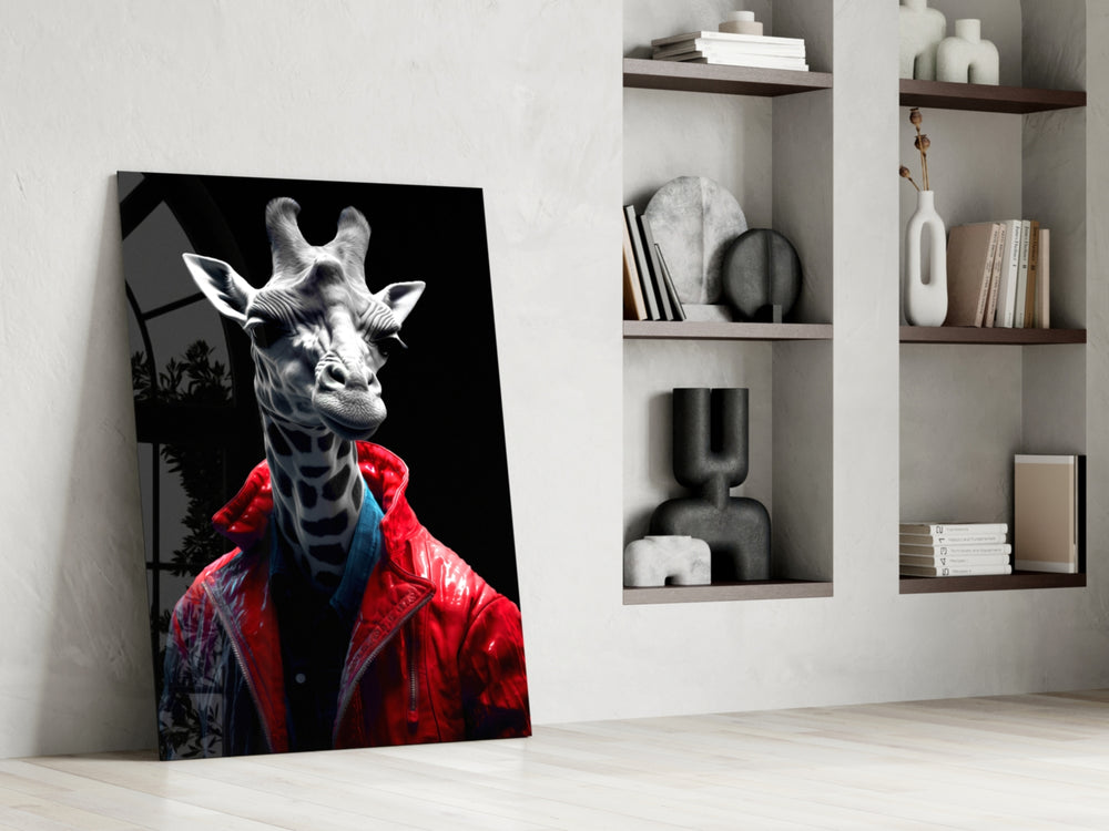 Stylish Giraffe glass print enhancing a powder room with statement palette