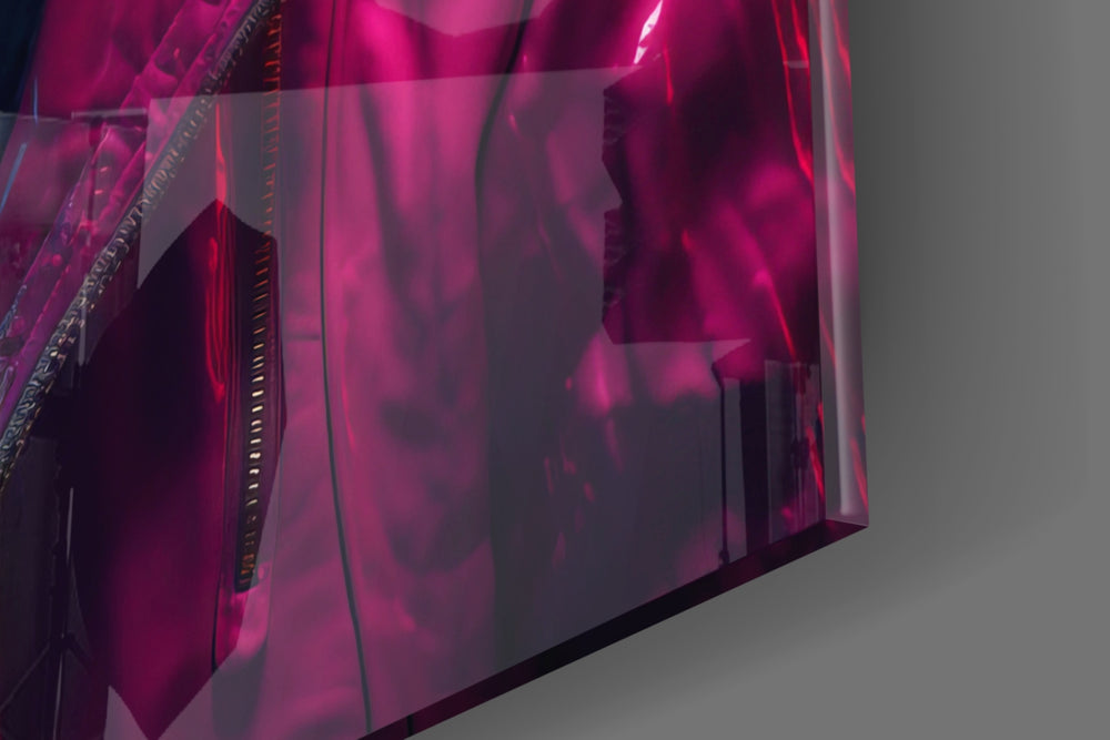 Runway-muse artwork anchoring a wall with magenta-and-teal palette
