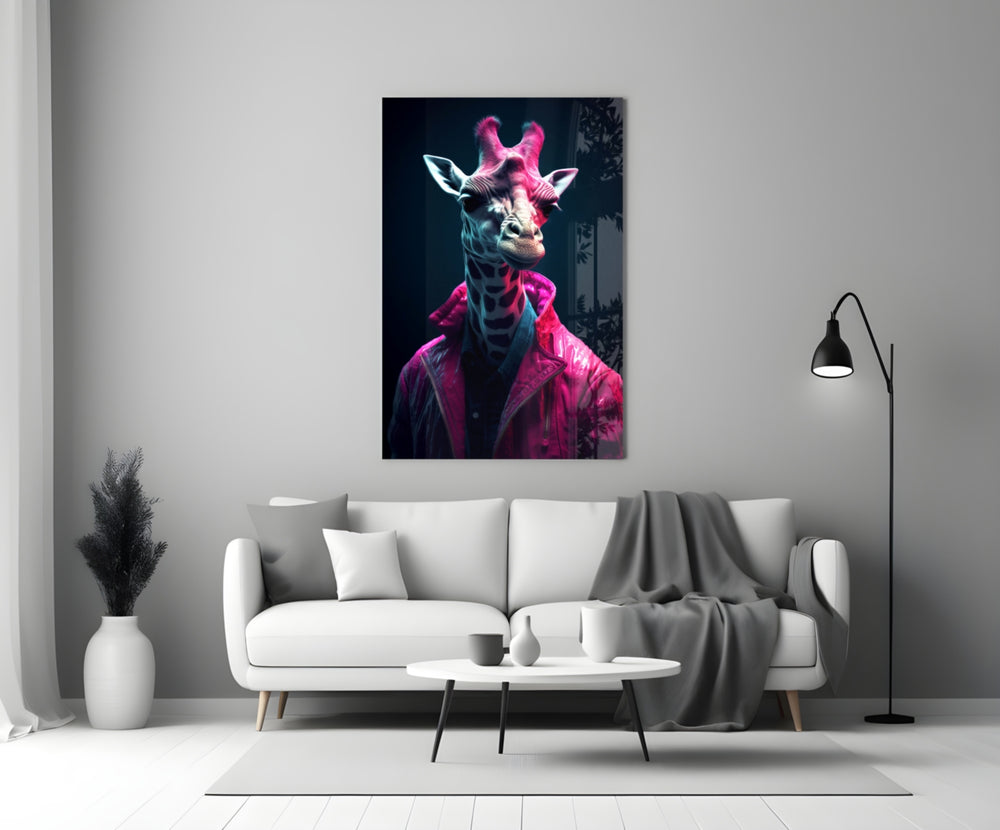 Stylish Giraffe close-up showing magenta patent puffer and teal rim light