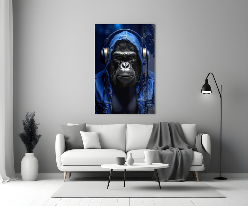 Rebellios Ape close-up showing indigo denim hoodie and navy headphones