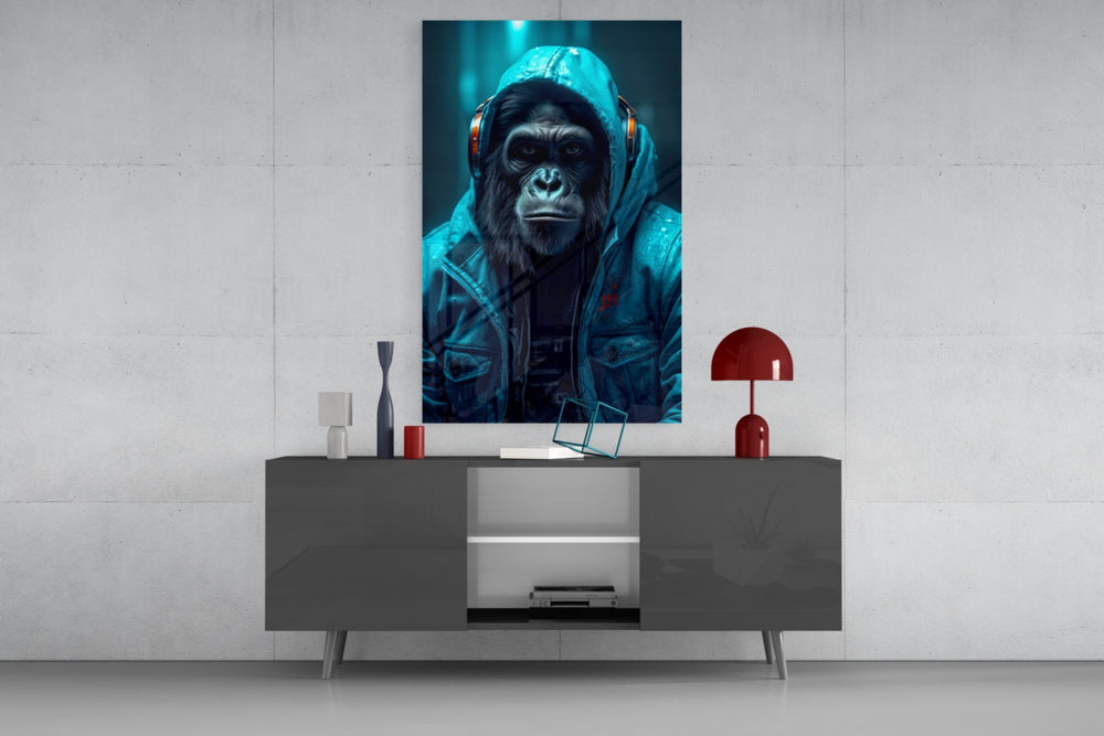 Music and the Ape panel catching lamp light to reveal its cinematic glow