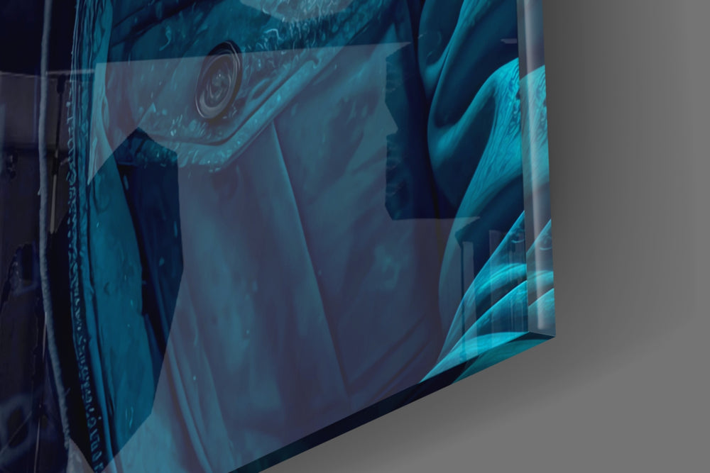 Hooded-muse artwork anchoring a wall with teal-and-amber palette