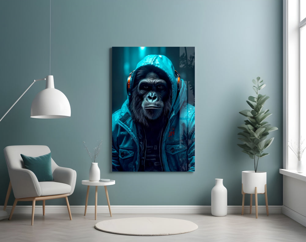 Music and the Ape glass wall art styled above an upright piano in a music room