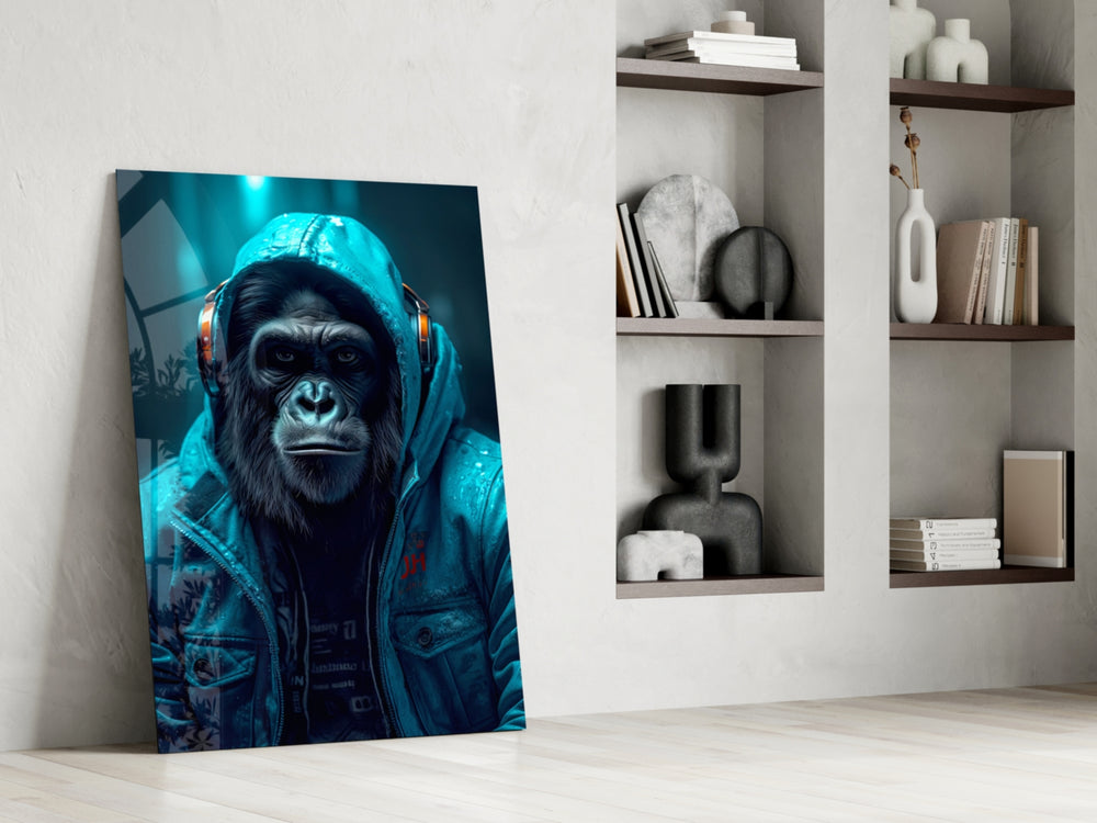Music and the Ape glass print enhancing a den with music-forward palette