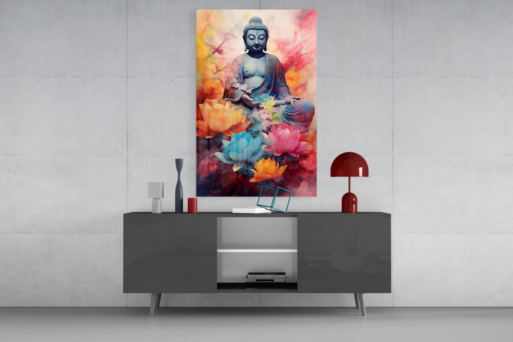 Buddha panel catching lamp light to reveal its watercolor glow