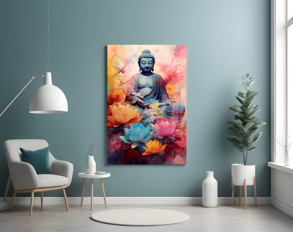 Buddha glass wall art styled above a sectional in a living room with contemplative palette