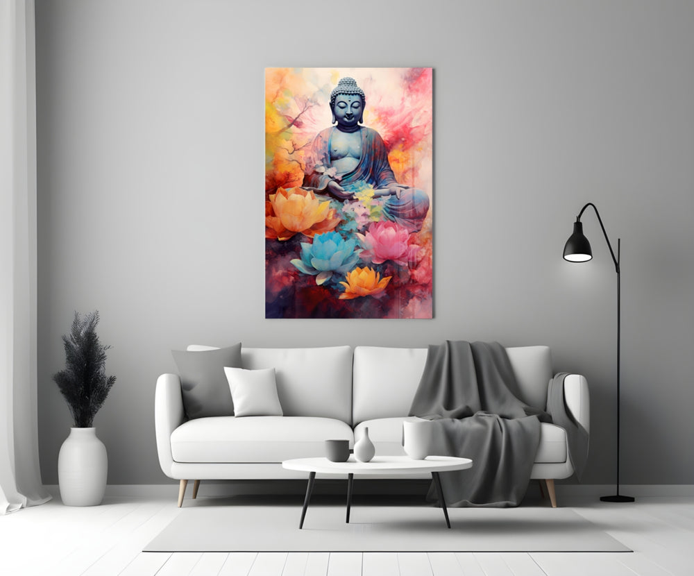 Buddha close-up showing sapphire robe and rose-saffron lotus blossoms
