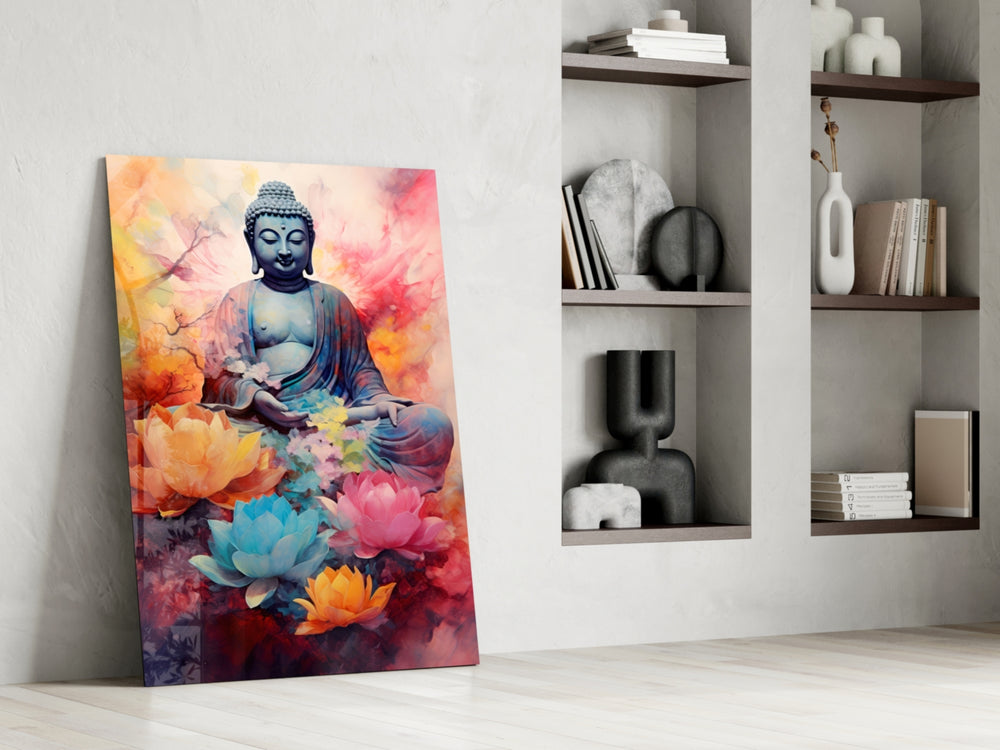 Buddha glass print enhancing a reading nook with watercolor palette
