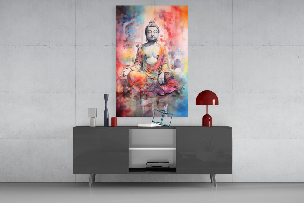 Buddha panel catching lamp light to reveal its watercolor exuberance