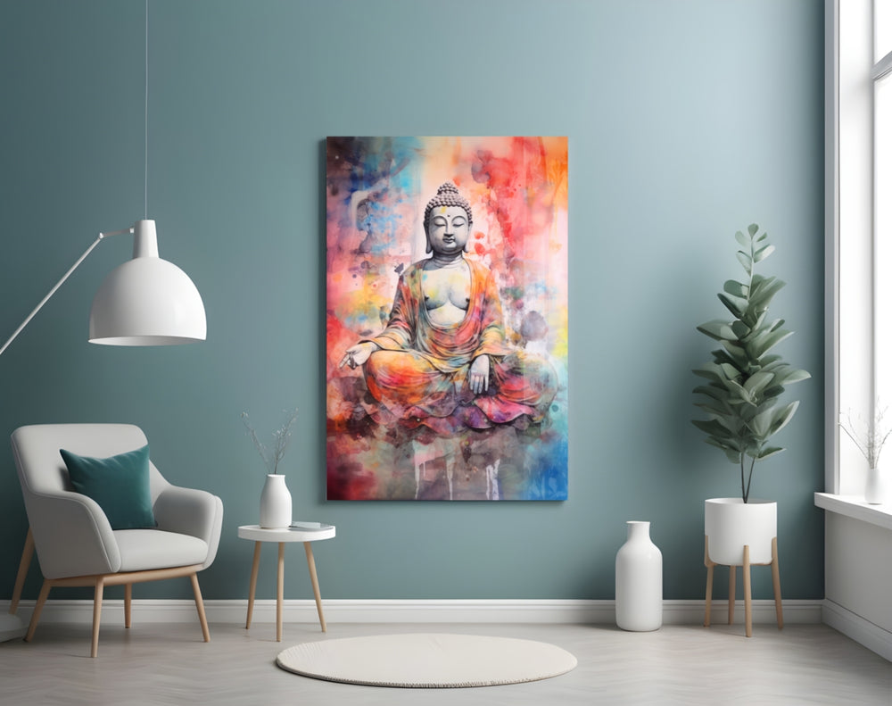 Buddha glass wall art styled above a velvet bench in a study