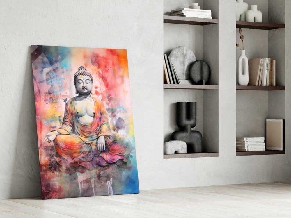 Buddha glass print enhancing a reading nook with contemplative palette
